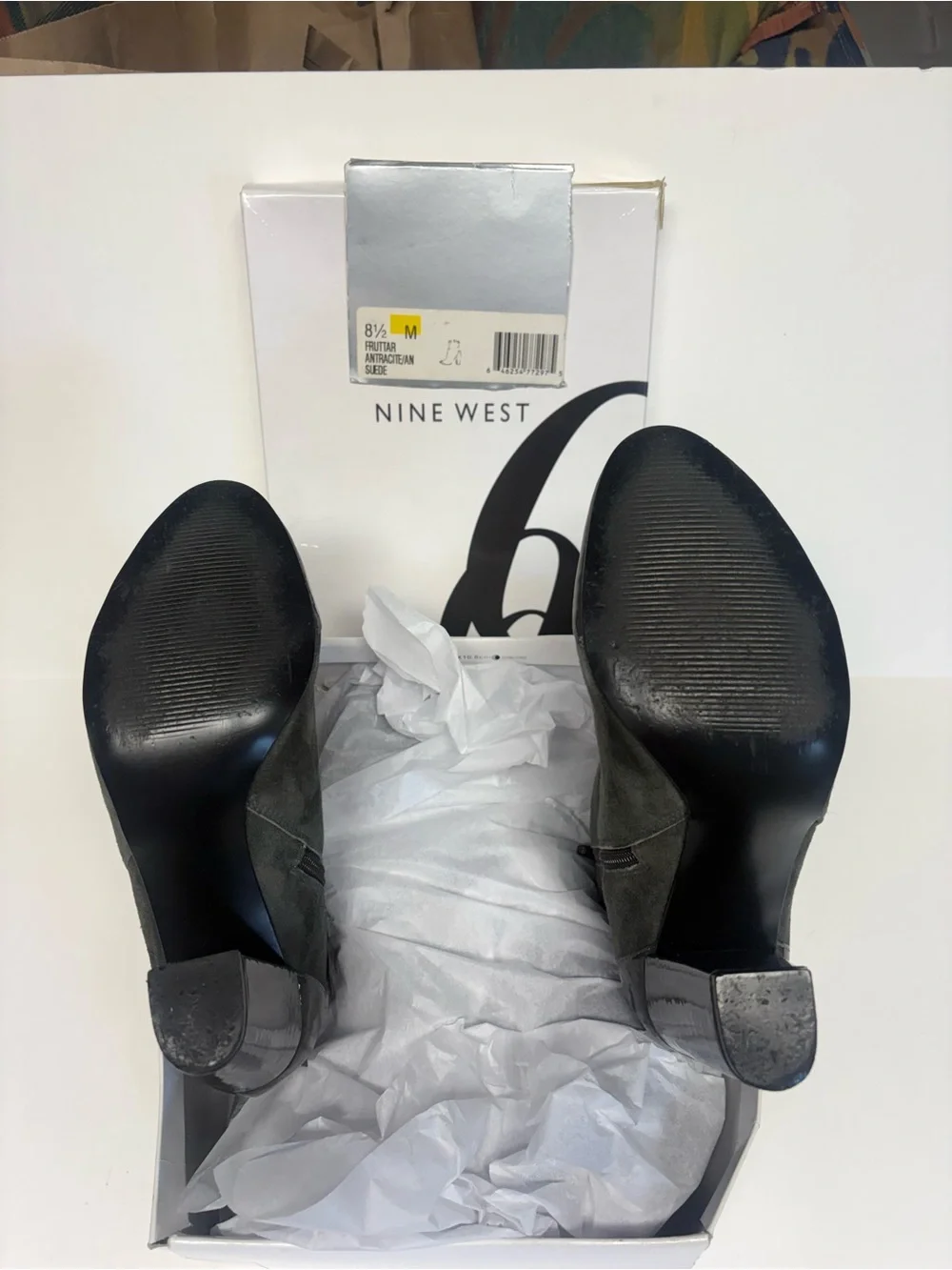 Nine West Charcoal Gray Suede Ankle Boots with Patent Toe